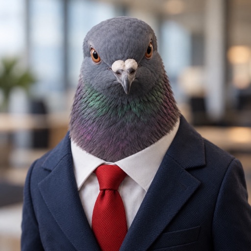 Gerald’s profile photo: a pigeon in a navy suit and red tie.
